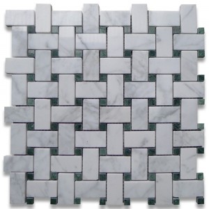 Carrara White 1x2 Basketweave with Green Dots Polished Marble Mosaic
